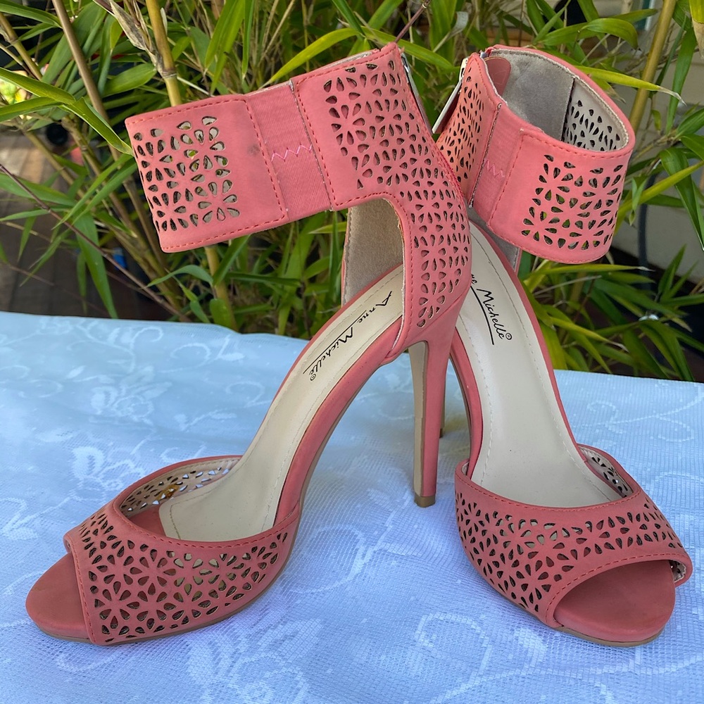 Coral heels with a thick ankle strap